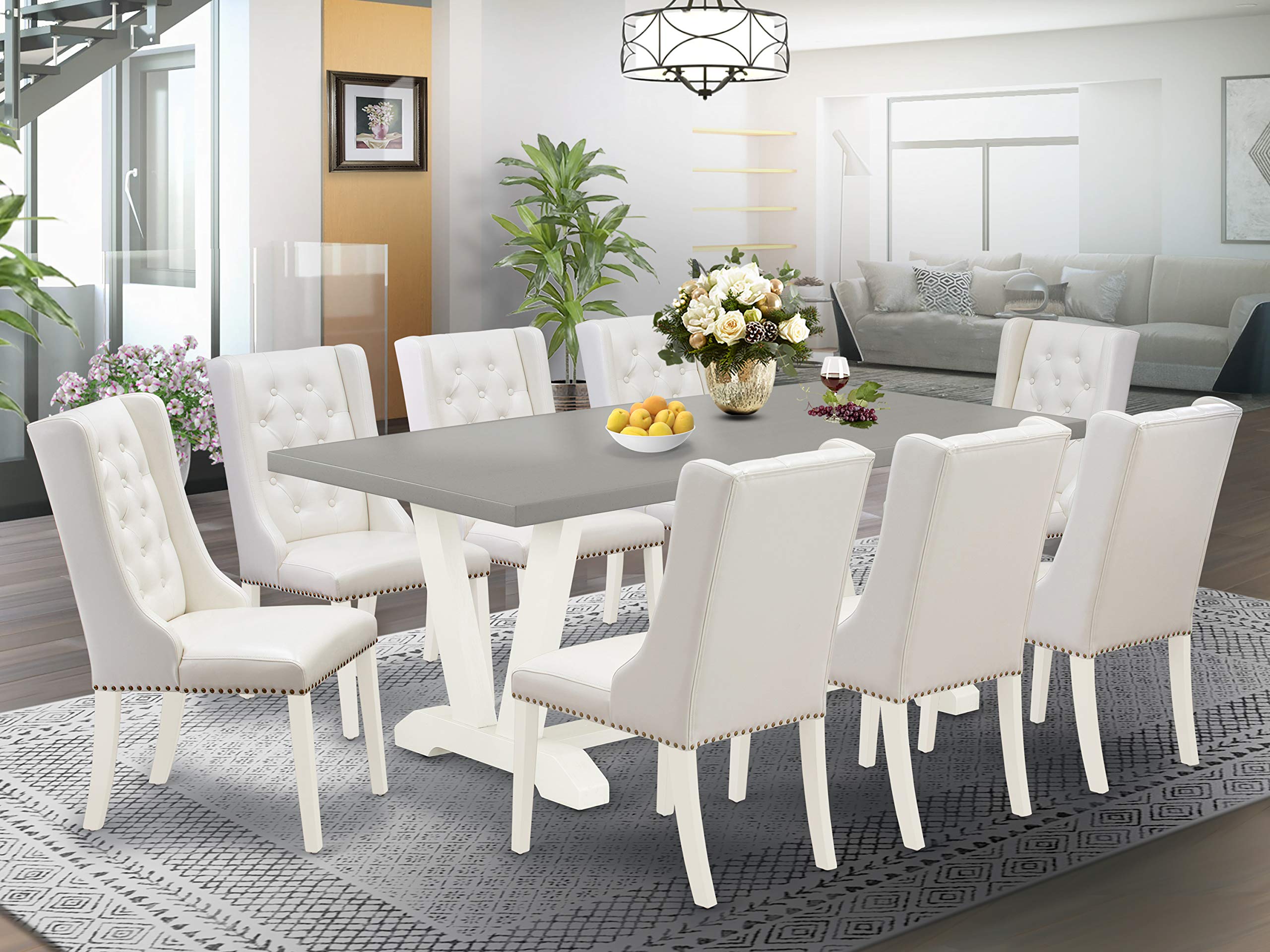 East West Furniture V097FO244-9 9 Piece Kitchen Table Set Includes a Rectangle Dining Table with V-Legs and 8 Light Grey Faux Leather Parsons Dining Chairs, 40x72 Inch, Multi-Color